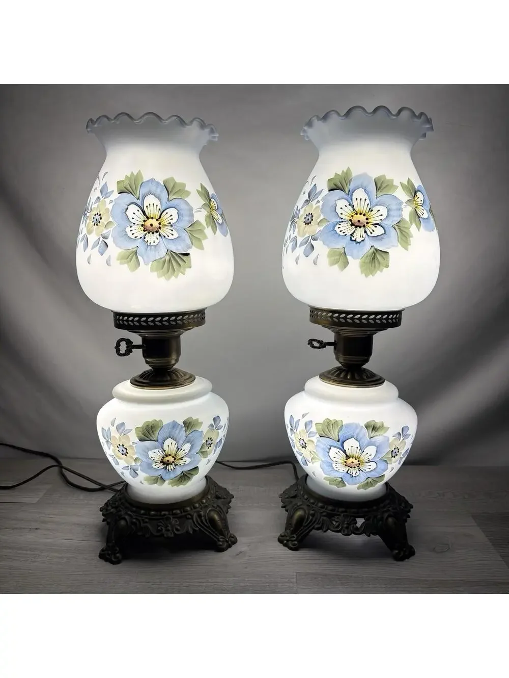 Vintage Pair of Blue Floral Milk Glass Table Lamps